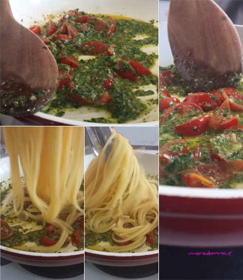 spaghetti con pesto e pomodorini